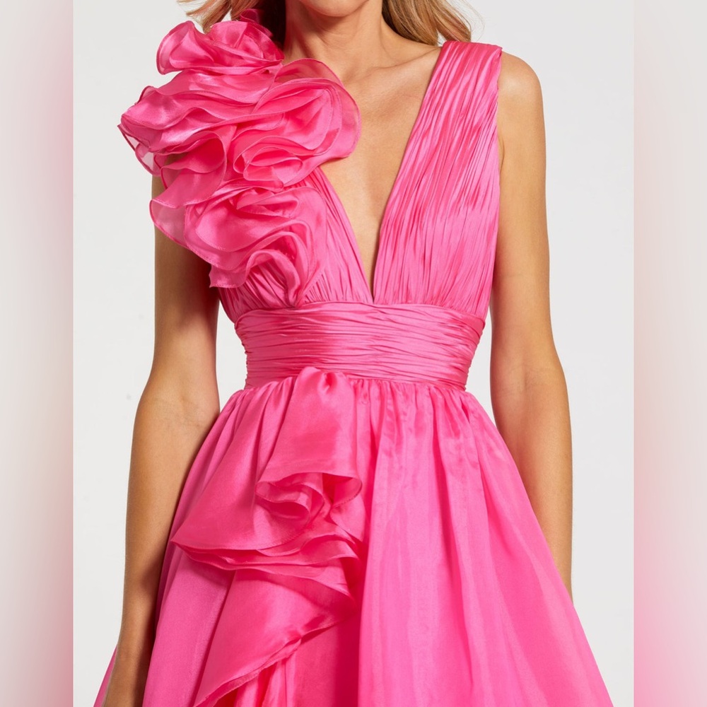 Mac Duggal Pink Ruffle Shoulder V-Neck Chiffon Gown - Picture 2 of 7